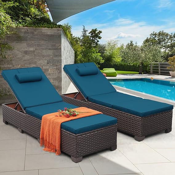Outdoor PE Wicker Chaise Lounge Set, Patio Lounge Chairs
