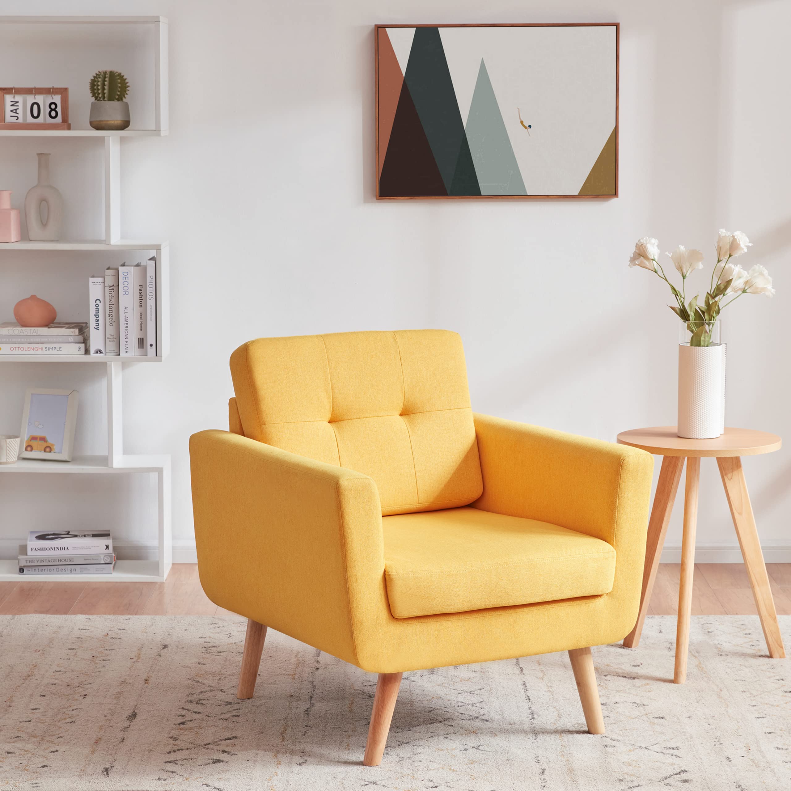 Linen Fabric Accent Chairs Set of 2, Mid Century Modern Armchair for Living Room
