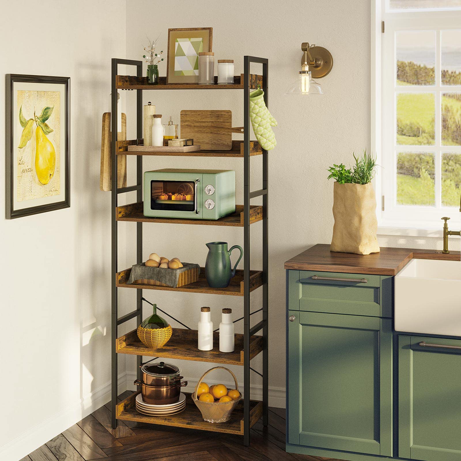 Bookshelf 6 Tier with 4 Hooks, Industrial Bookcase, Vintage Storage Rack with