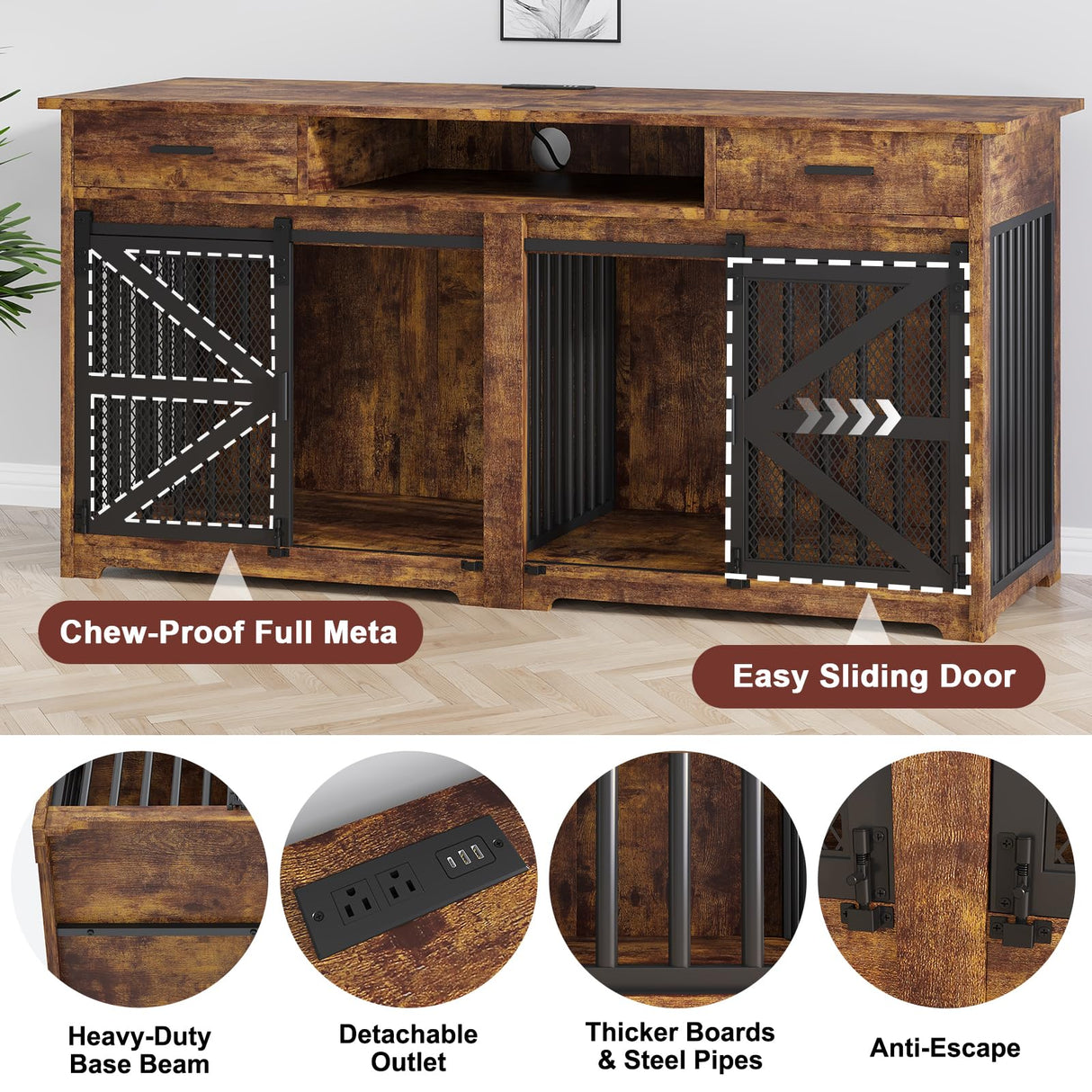 63" Double Dog Crate Furniture with Sliding Door & Charging Station