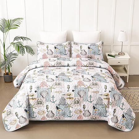 Quilt Set King Size Ocean Bedspread Coverlet Set 3 Piece-Soft Lightweight