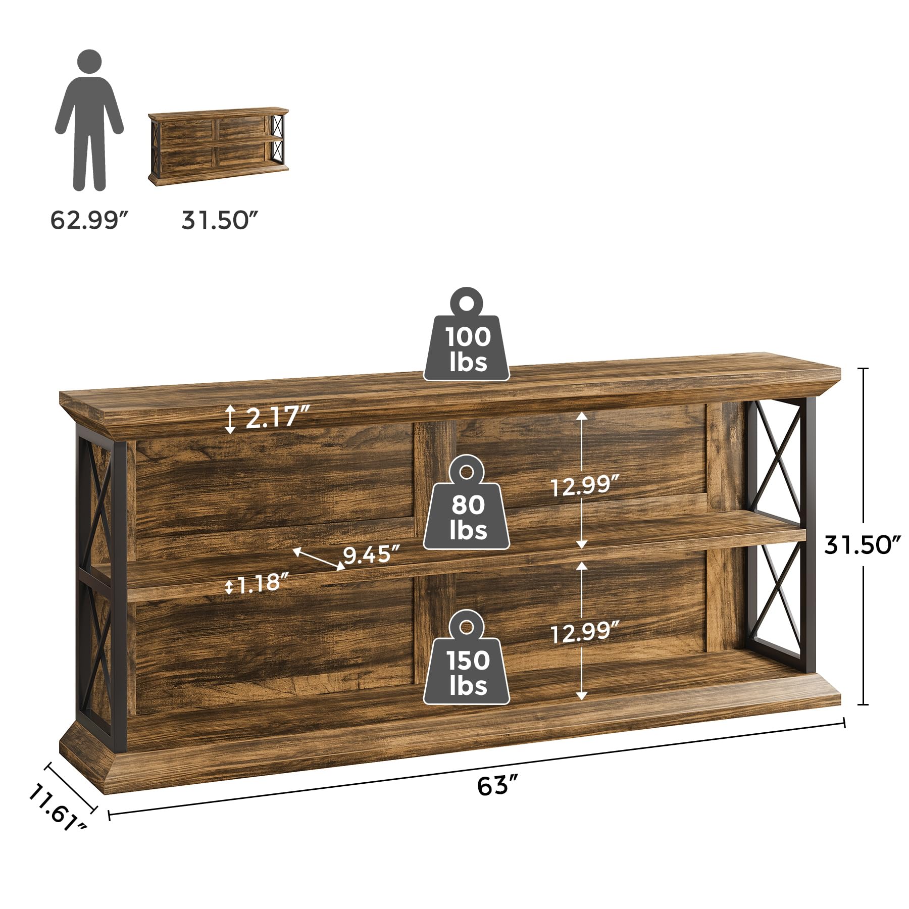 63-Inch 3-Tier Console Table with Storage - Brown Wood Entryway Sofa Table