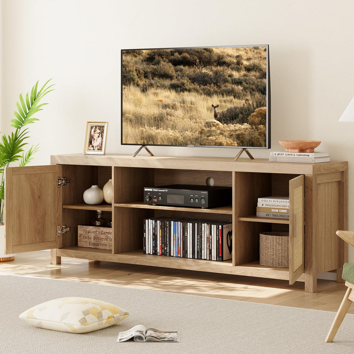 Rattan TV Stand for 75 inch, Boho Entertainment Center with Adjustable Shelves