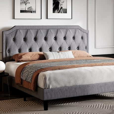 King Size Upholstered Platform Bed with Curved Rhombic Button Tufted Headboard