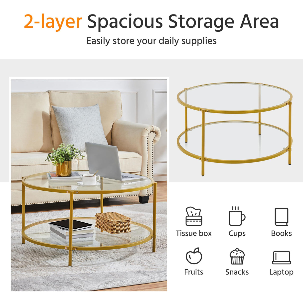 36" Round Coffee Table, Glass Coffee Table with Storage Shelf