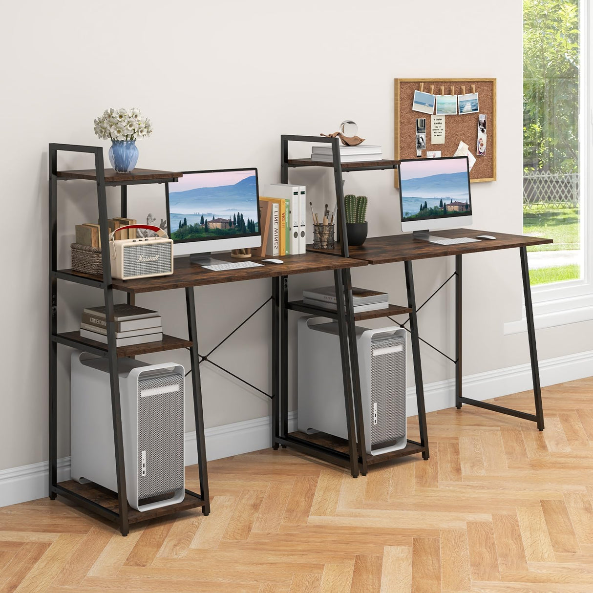 COSTWAY Computer Desk with 4-Tier Storage Shelves, Home Office Desk Writing Table with Sturdy X-Shape Frame, Adjustable Foot Pads, Modern Simple Style Small Study Desk, Wide Tabletop (Brown and Black)