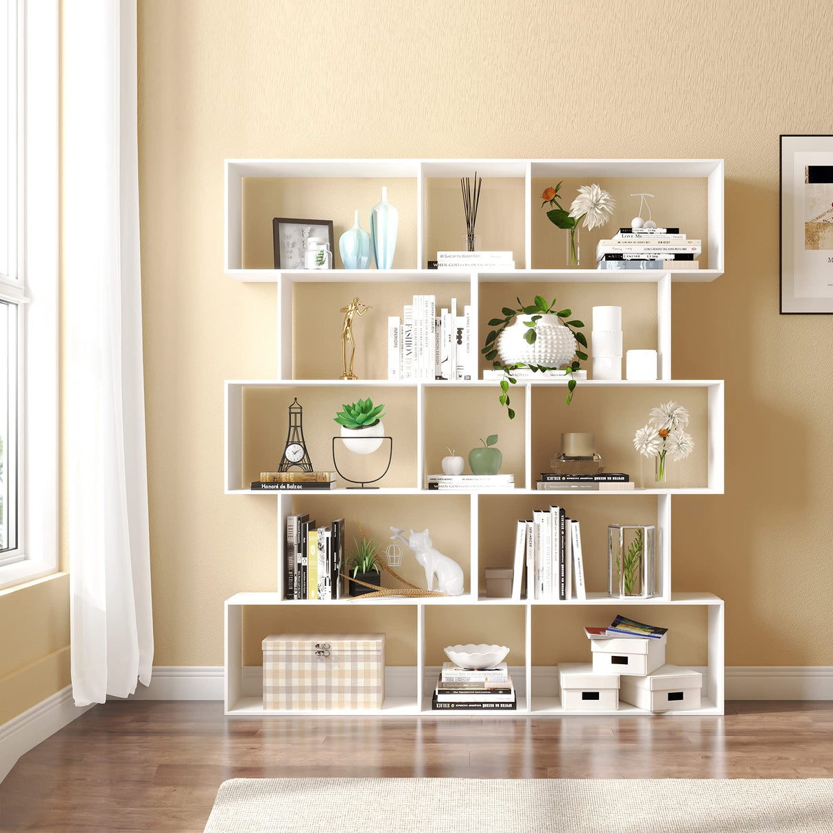 Bookshelf 5-Tier, Geometric Bookcase S Shaped Book Shelves for Bedroom