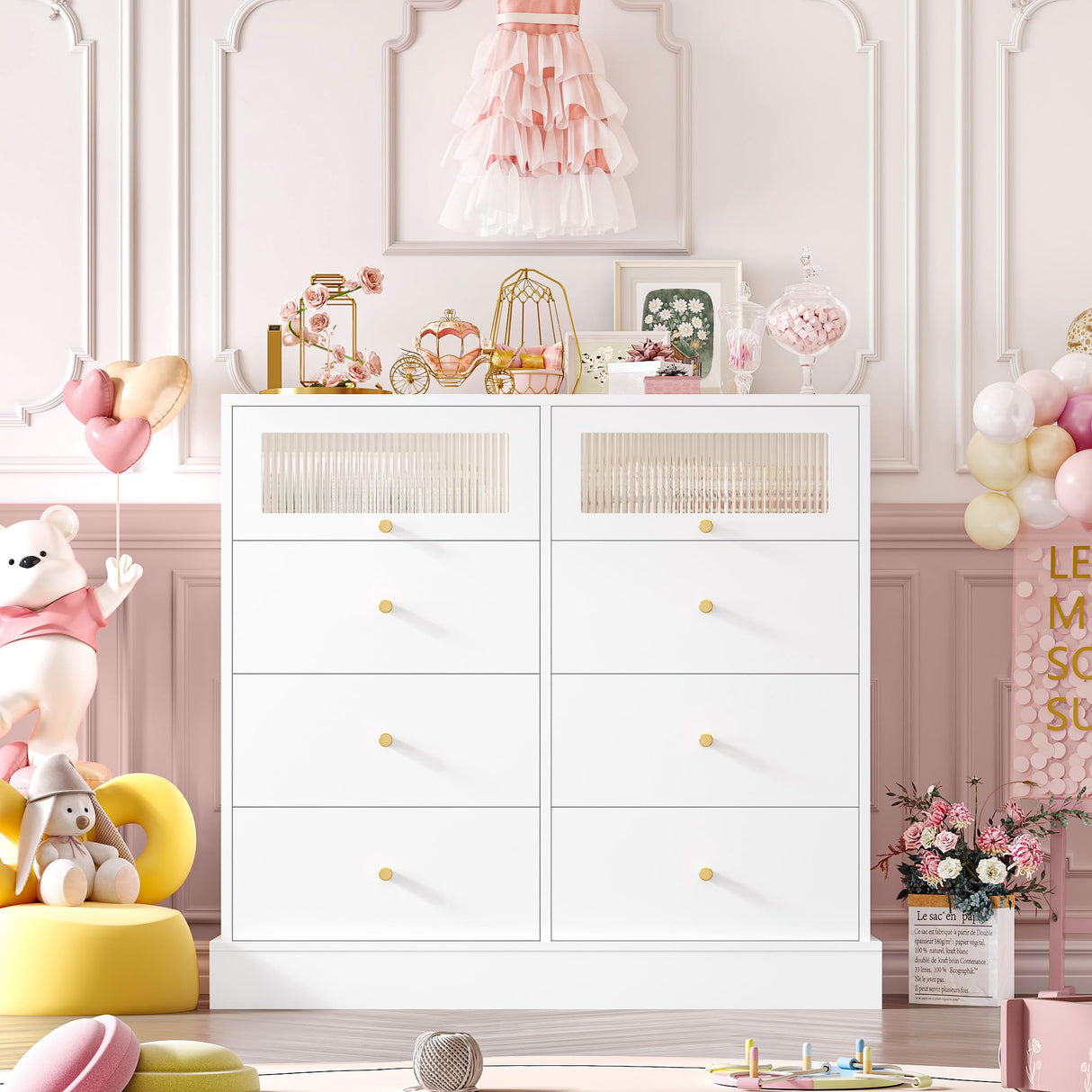 White Dresser, 8 Drawer Dresser with 2 Glass Doors, White and Gold Dresser Chest