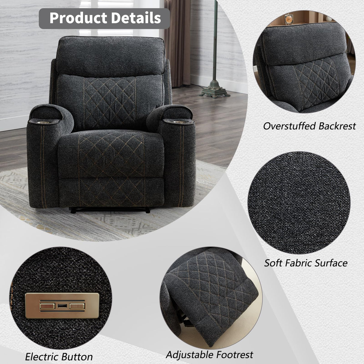 Classic Power Recliner Chair, Overstuffed Electric Recliners with Double Layer Backrest