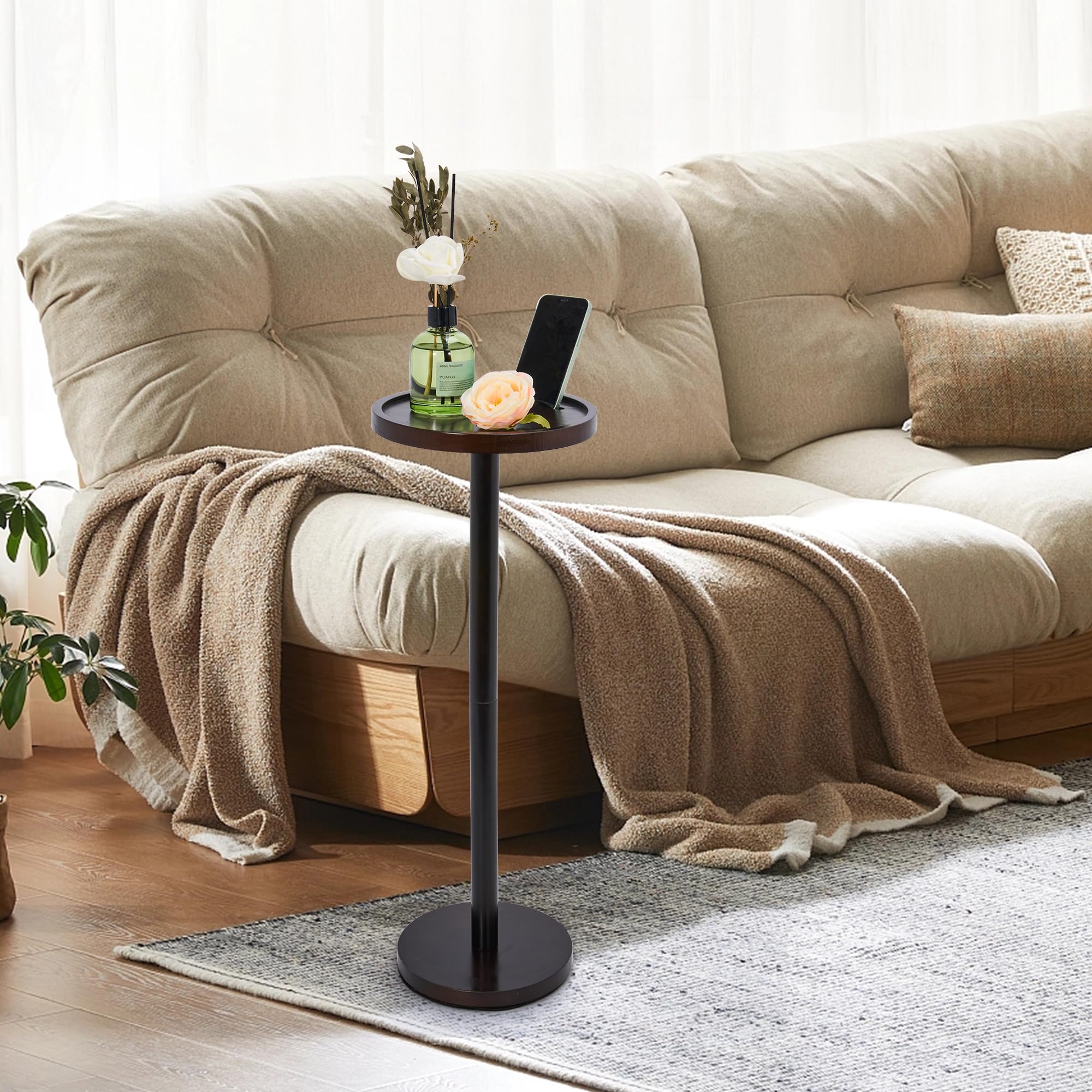 GENMOUS Small Round Pedestal Side Table, End Table with Phone Holder, Vintage Pine Side Table with a 9 inch Top, Drink Table/Night Stand/Beside Table for Samll Spaces, Living Room, Bedroom