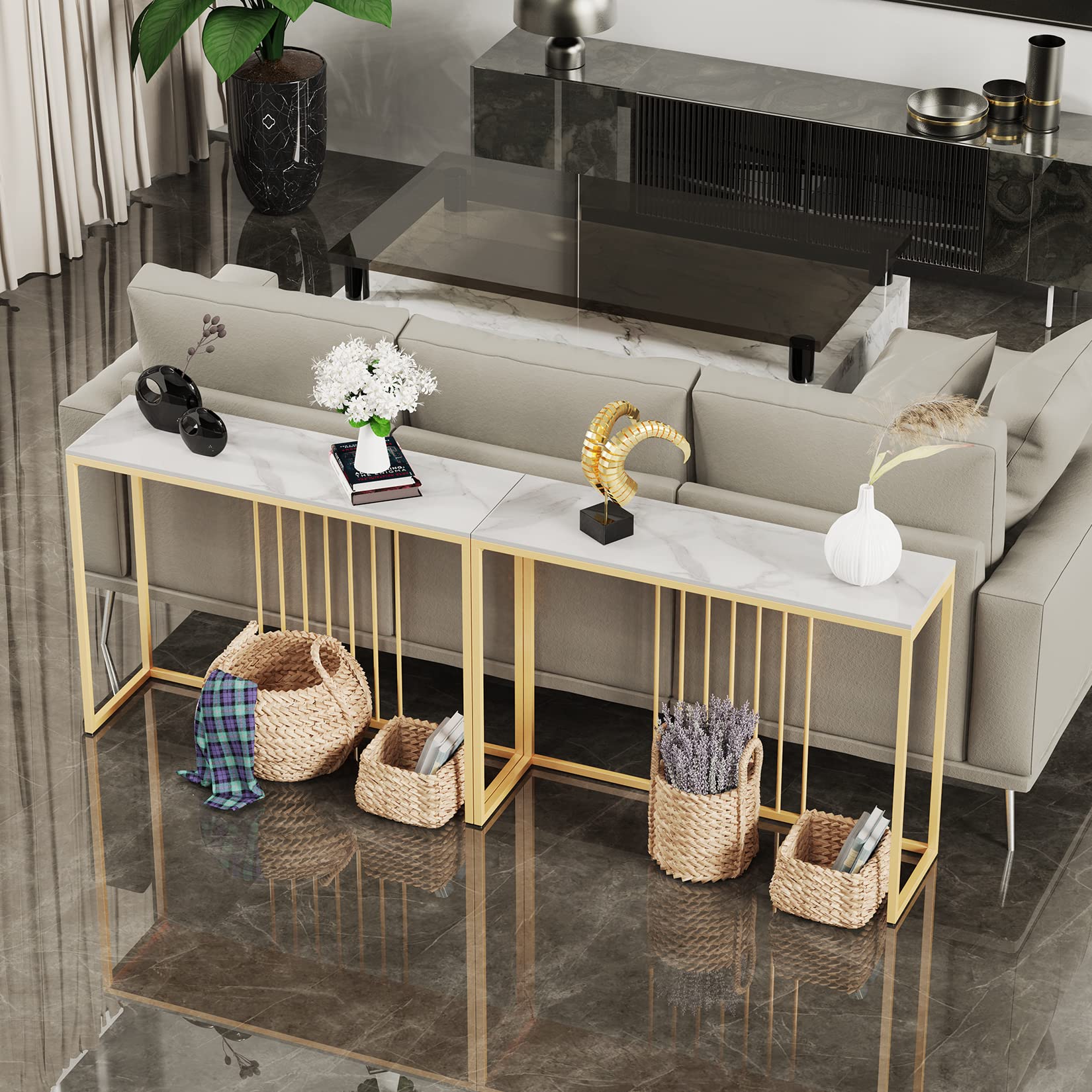 Sintered Stone Console Table: White Entryway Table with Golden Frame - Modern Narrow Table Behind Sofa