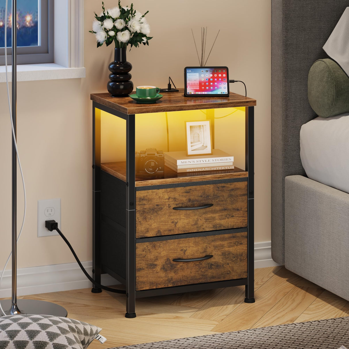 Night Stand with Charging Station and 2 Fabric Drawers, Side Table with Storage for Bedroom