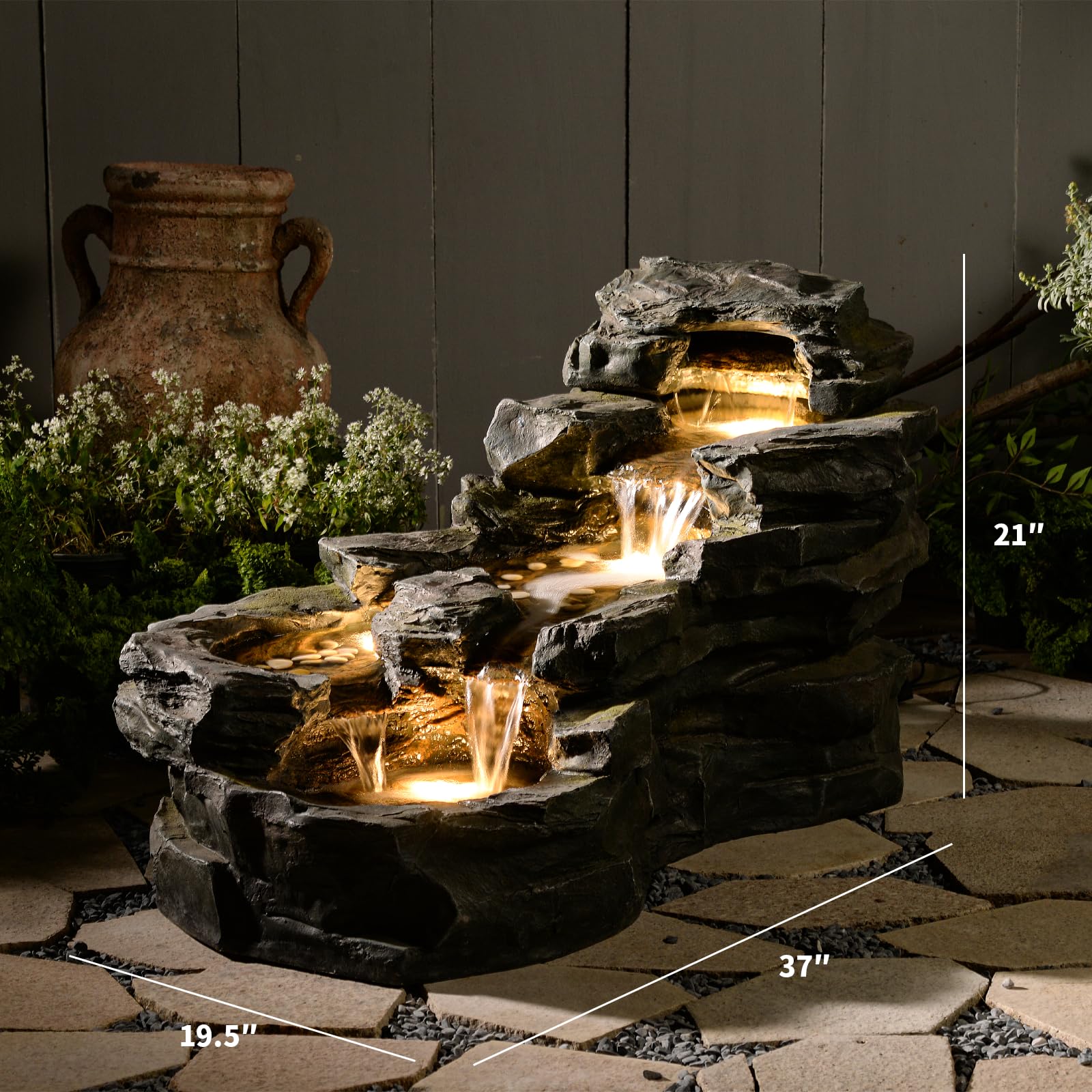 37" L Garden Outdoor Water Fountain, Floor Standing 5-Tiers Rock Natural Waterfall