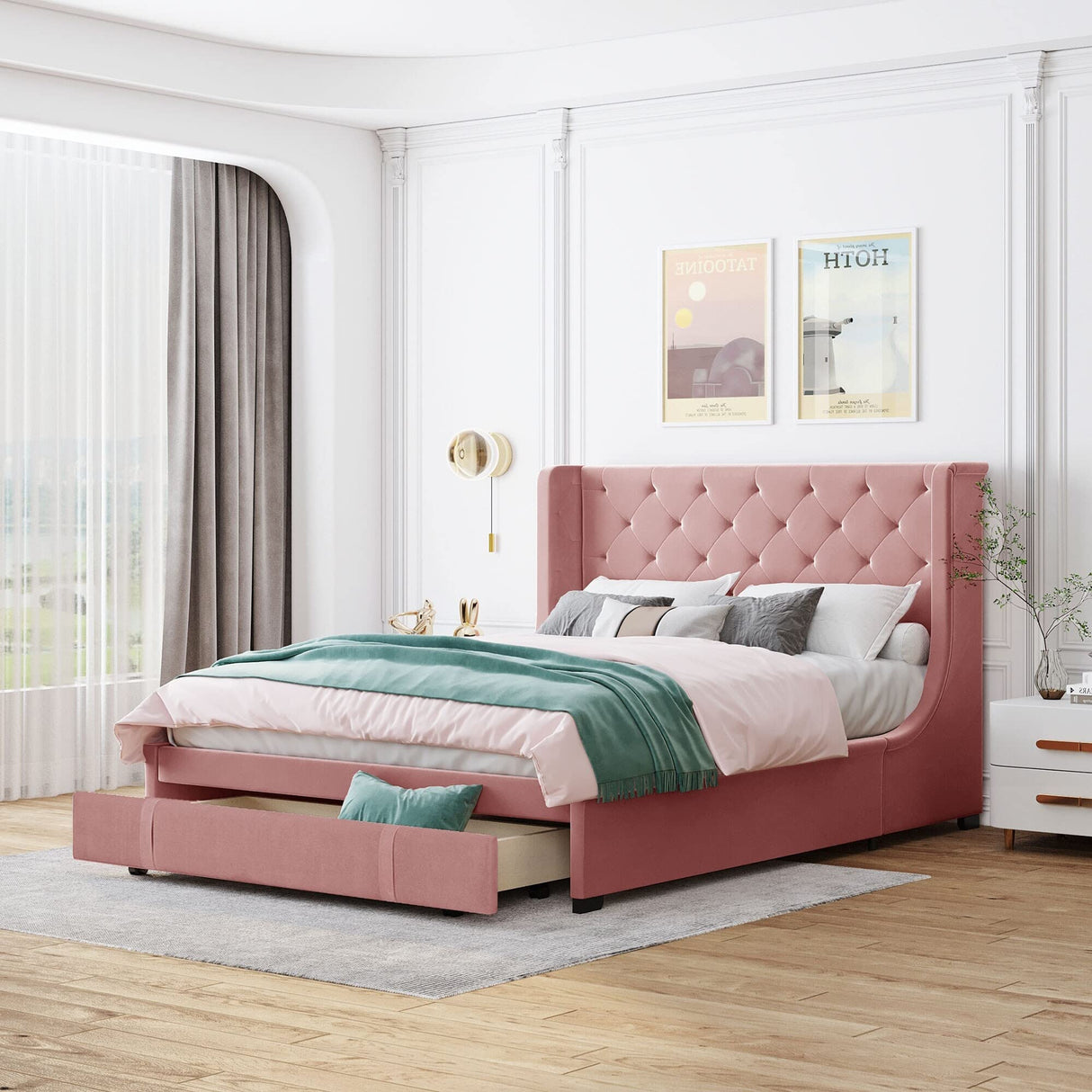 Queen Size and Velvet Upholstered Platform Bed Beige