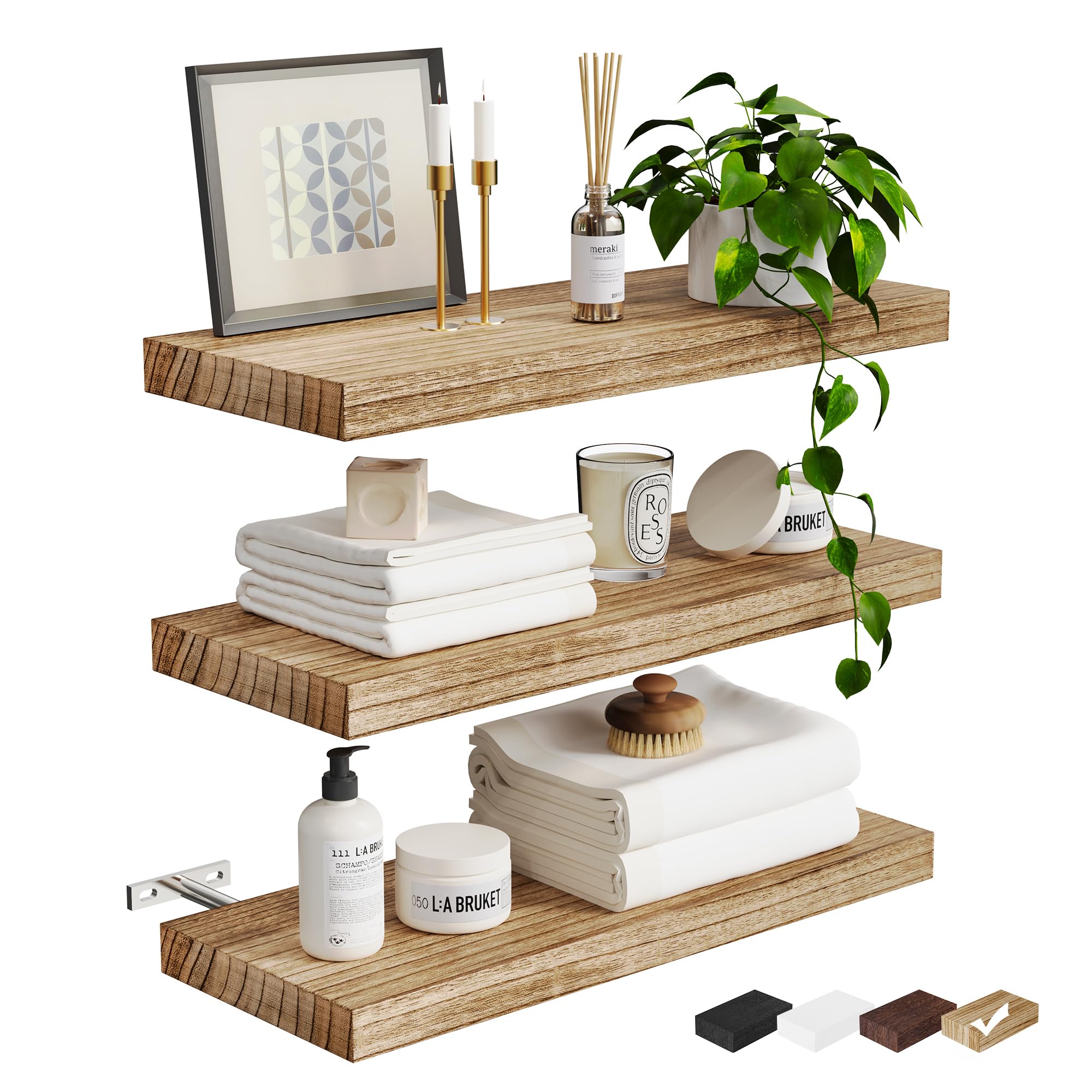 Greenual 3 Packs Floating Shelves for Wall, Nature Wood Wall Shelf, 16" Wall Mounted Floating Shelf for Kitchen, Living Room, Bedroom, Bathroom Storage, Book Shelf for Wall Home Decor, Frame Display