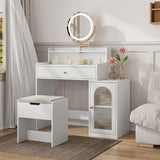 White Vanity Desk with 360° Rotated Mirror and Adjustable Lights, Makeup Vanity Table with Storage Chair and Side Cabinet, Dressing Table with Drawer for Bedroom