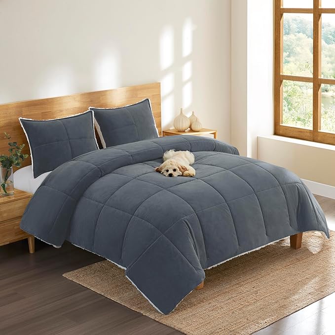 Blissful Comforter Set with 2 Pillow Shams Reversible White Comforter Plush Fluffy