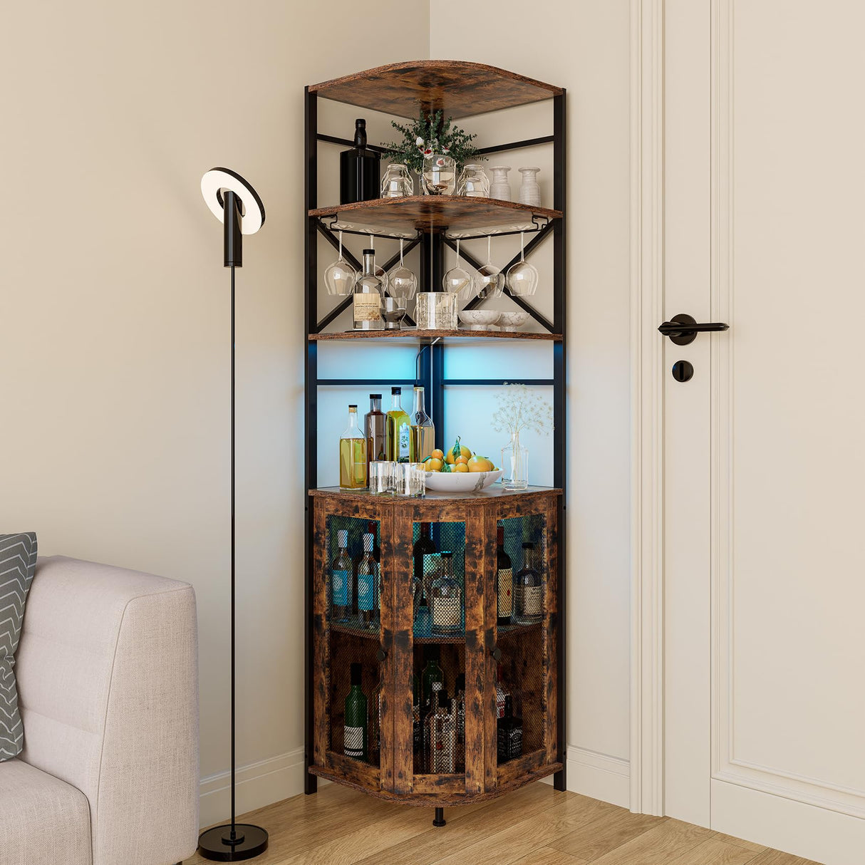 Wine Bar Cabinet with Power Outlet, 6-Tiers Industrial Wine Cabinet