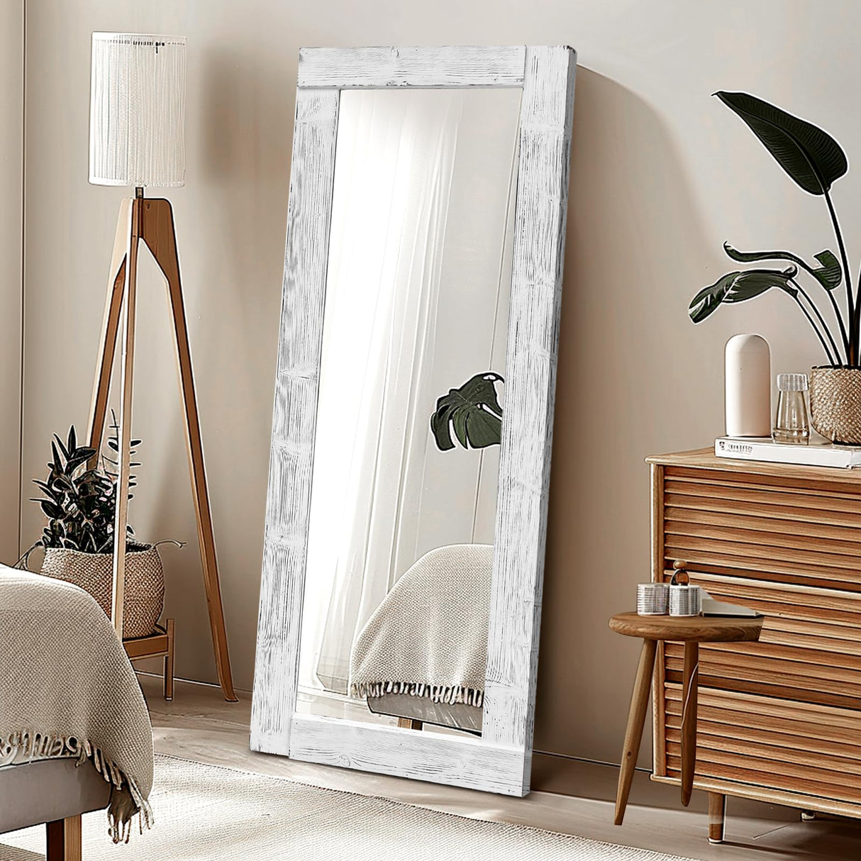 ABSWHLM Full Length Mirror 65"x24" Solid Wood Frame Floor Large Mirror for Living Room, Bedroom Hanging Standing or Leaning Wall-Mounted, White