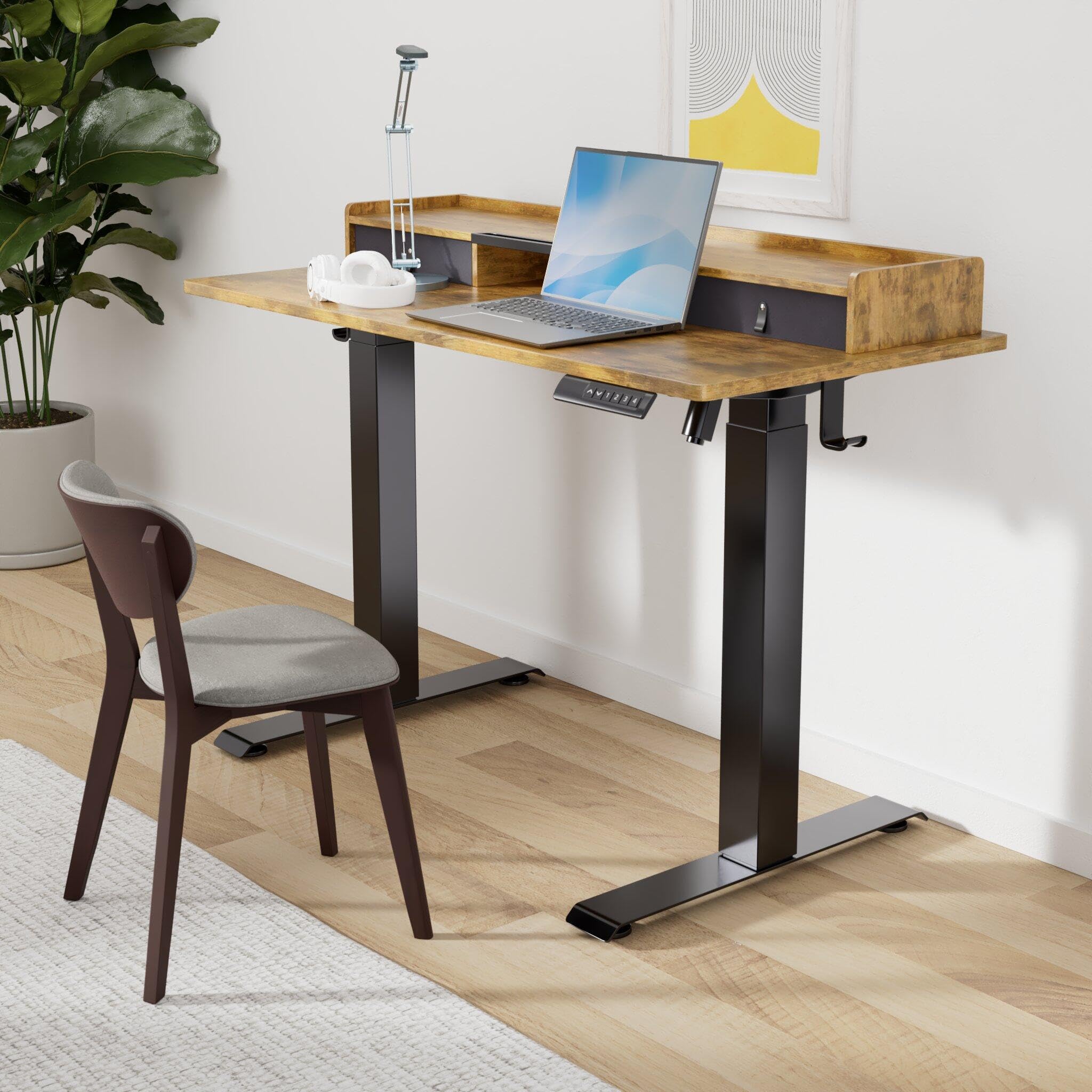 Electric Standing Desk with Dual Drawers, 55 x 24 Inches Height Adjustable Desk with Storage Shelf, Sit Stand Desk with 4 Memory Preset, 2 Storage Hooks, Stand Up Desk for Home Office, Vintage