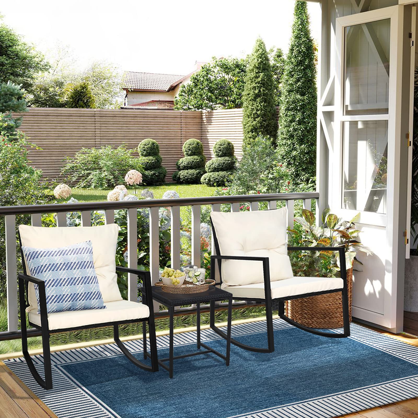 3 Piece Outdoor Rocking Bistro Set Black Wicker Furniture Porch Chairs Conversation Sets with Glass Coffee Table, Beige