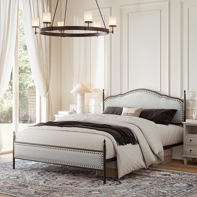Queen Bed Frame with Headboard, Farmhouse Metal Platform Bed