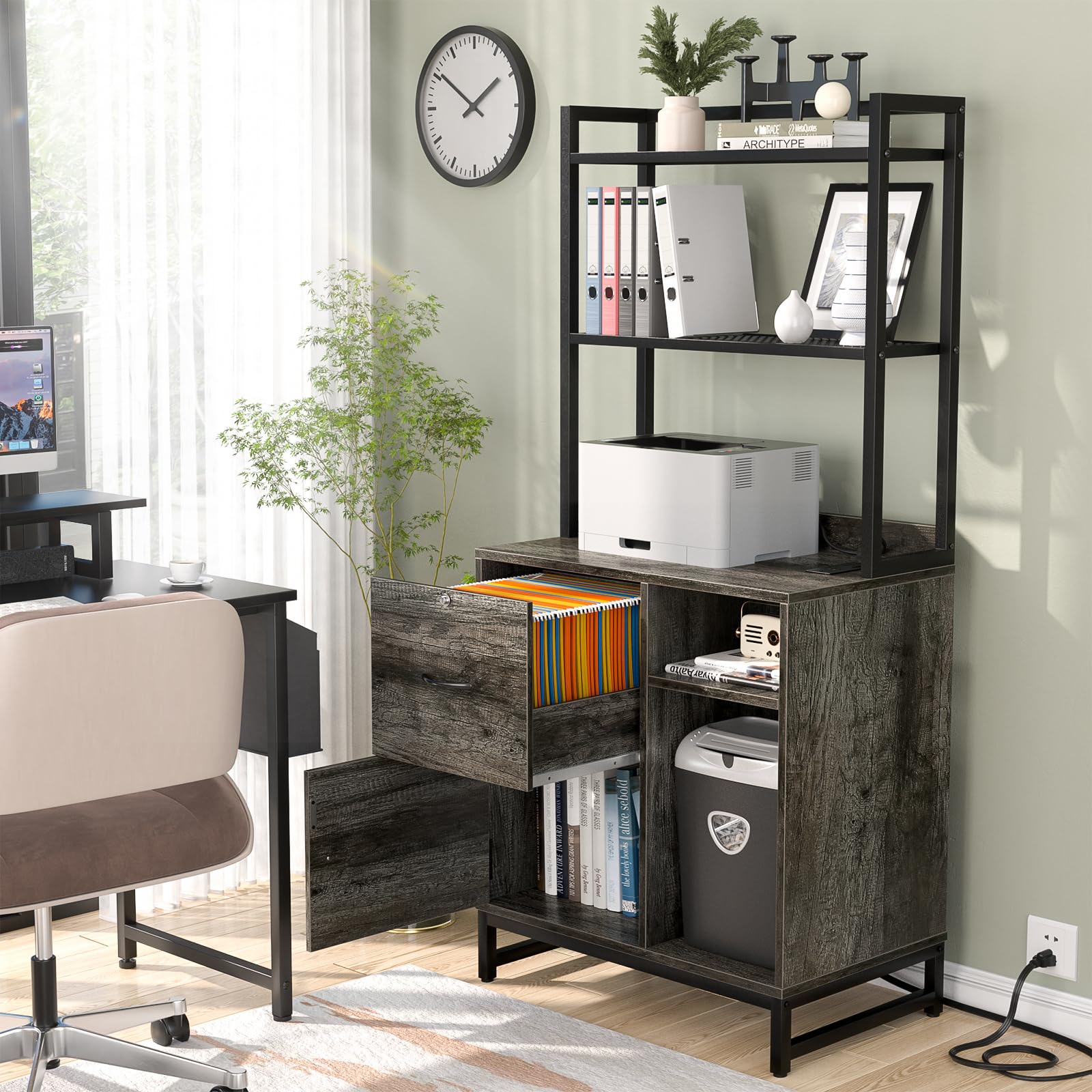 Filing Cabinet with Lock & Charging Station, Large Drawer Wood File Cabinet with Bookshelf, Printer