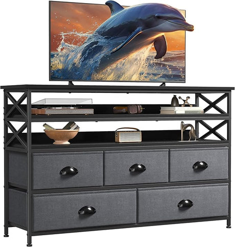 EnHomee Dresser TV Stand up to 55 Inch for Bedroom Entertainment Center with Fabric Drawers Media Console Table with Wood Open Shelves Storage Drawer Dresser for Bedroom, Living Room, Entryway, Black