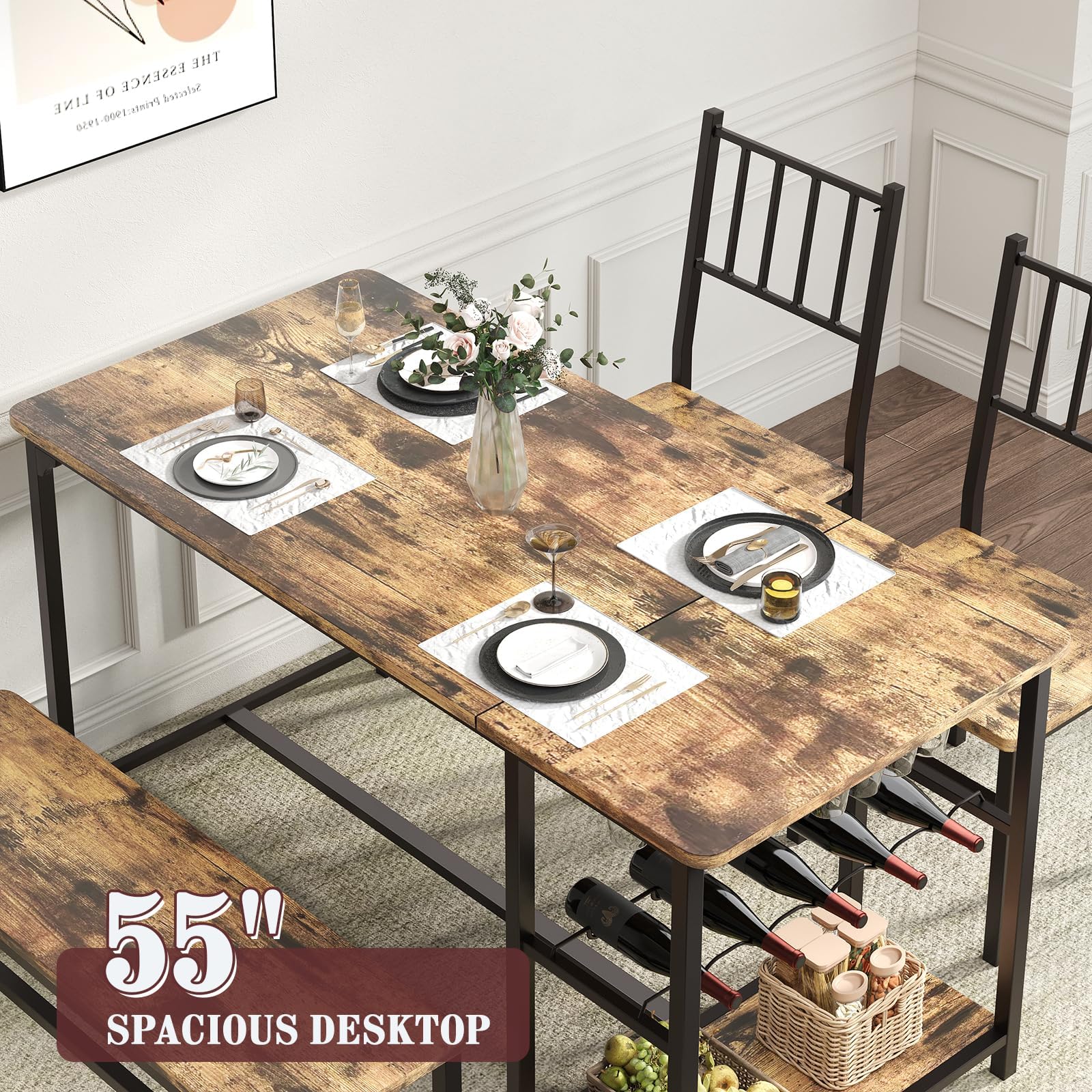 4-Piece Dining Set with Wine Rack Storage