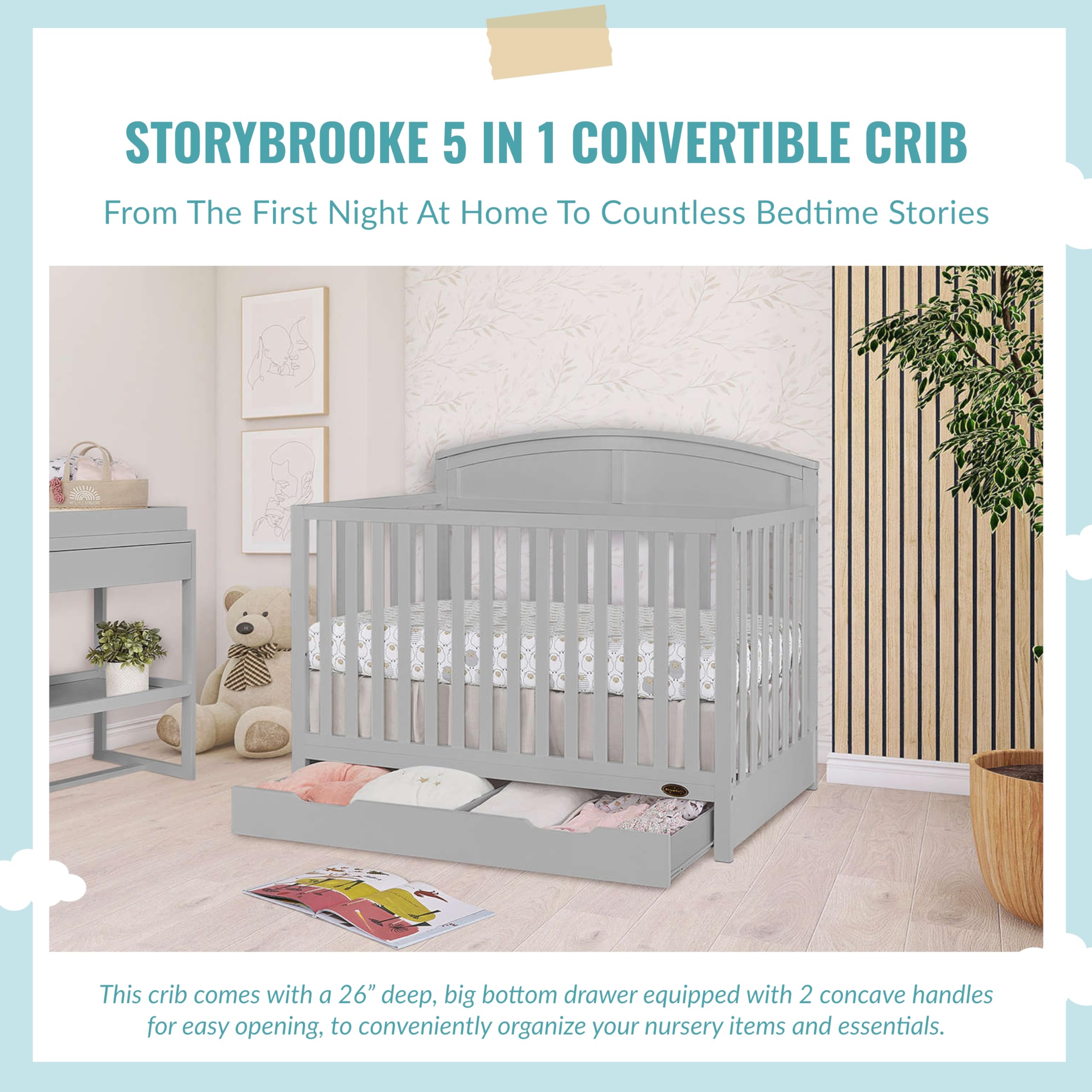 Storybrooke 5 in 1 Convertible Crib with Under Drawer in Pebble Grey