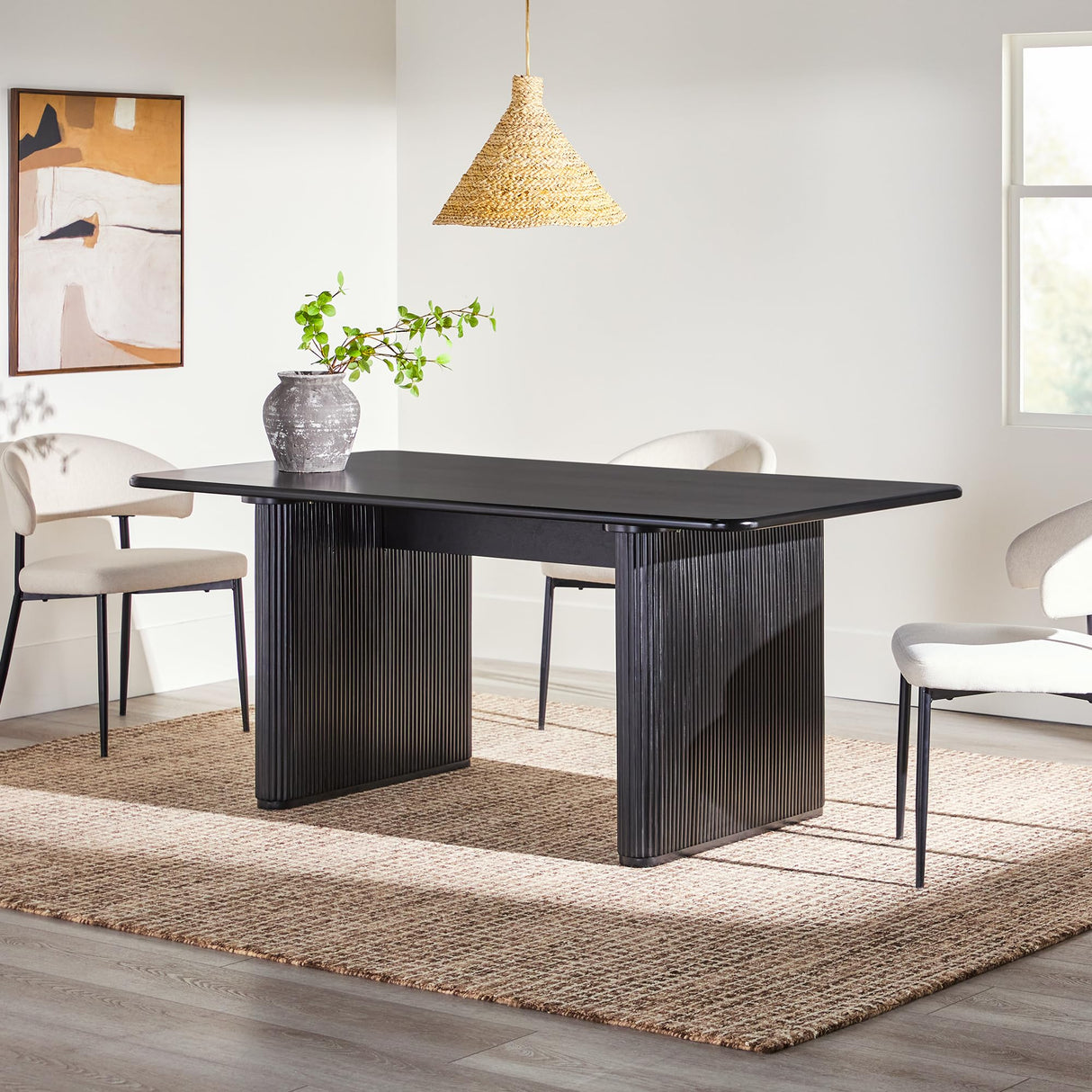 Modern Vertical Reeded Plinth-Base Dining Table, 68 Inch, Black