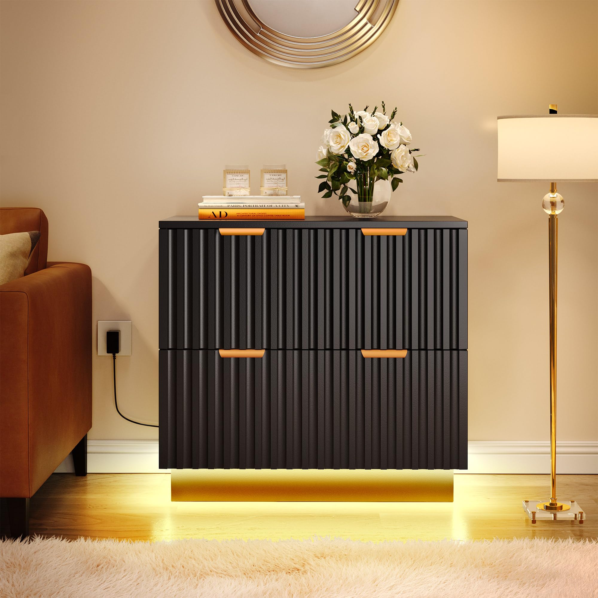 2 Drawer File Cabinet with Led Light, Modern Filing Cabinet