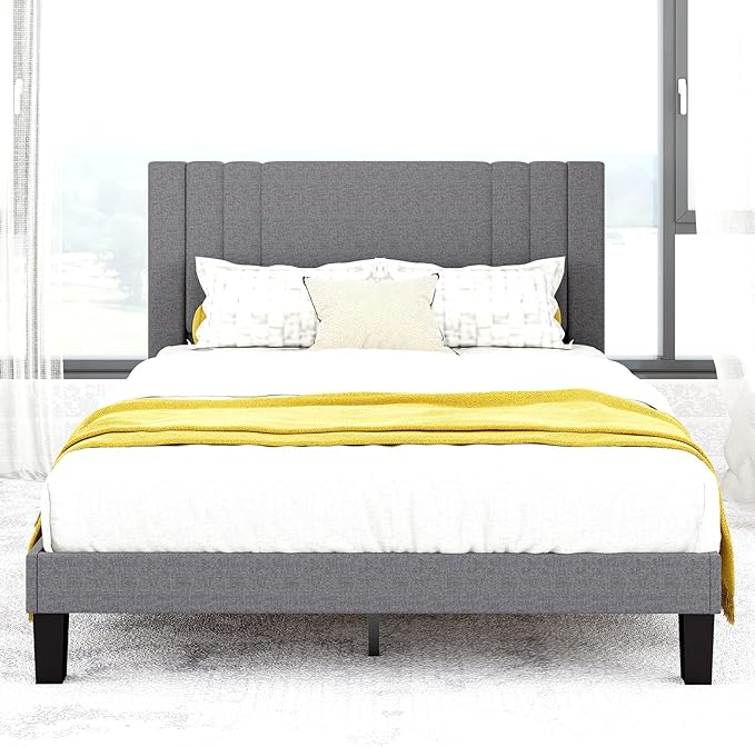 Queen Size Bed Frame, Linen Fabric Upholstered Platform