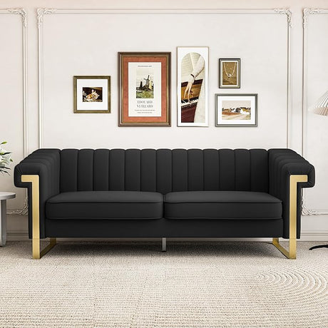 83'' Faux Leather Couch 3 Seater Sofa with Gold Metal Legs Comfy