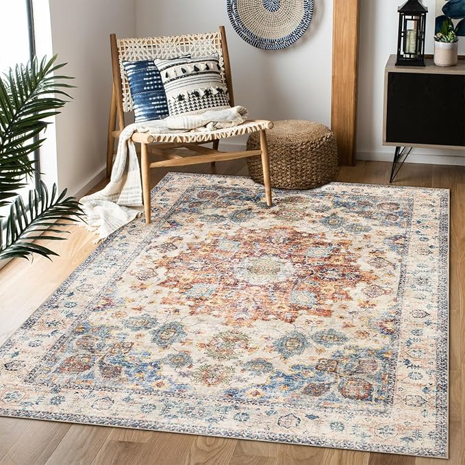 Area Rug 8×10, Large Vintage Boho Rug,Ultra-Soft Low Pile, Washable, Non Slip,Stain
