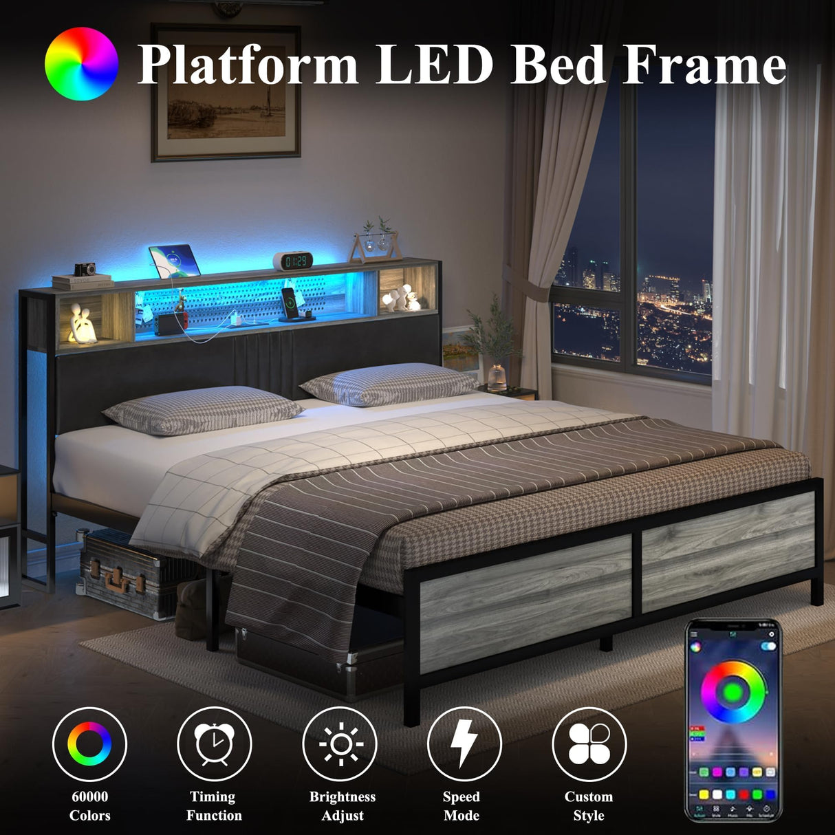 King Size Bed Frame, King Bed Frame with Charging Station and LED Lights, King Size Upholstered Bed Frame with Headboard Storage, Heavy Duty Metal Slat Support, No Box Spring Needed, Noise-Free