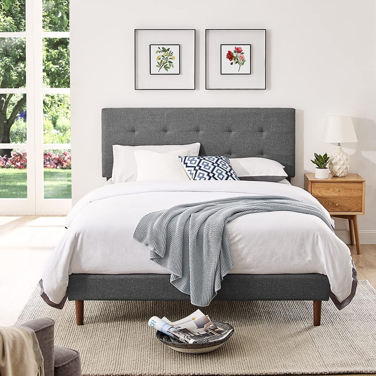 Twin Bed Frame with Adjustable Height Headboard,Tufted Upholstered Platform Bed