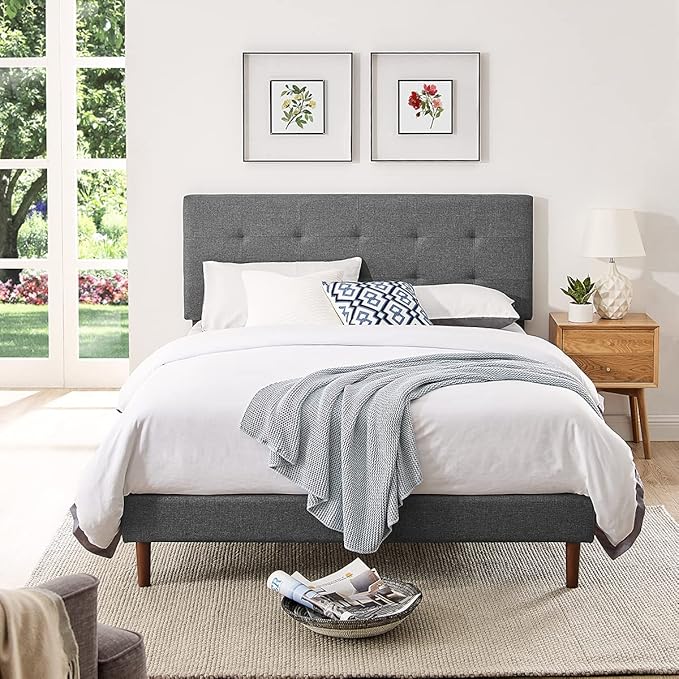 Twin Bed Frame with Adjustable Height Headboard,Tufted Upholstered Platform Bed