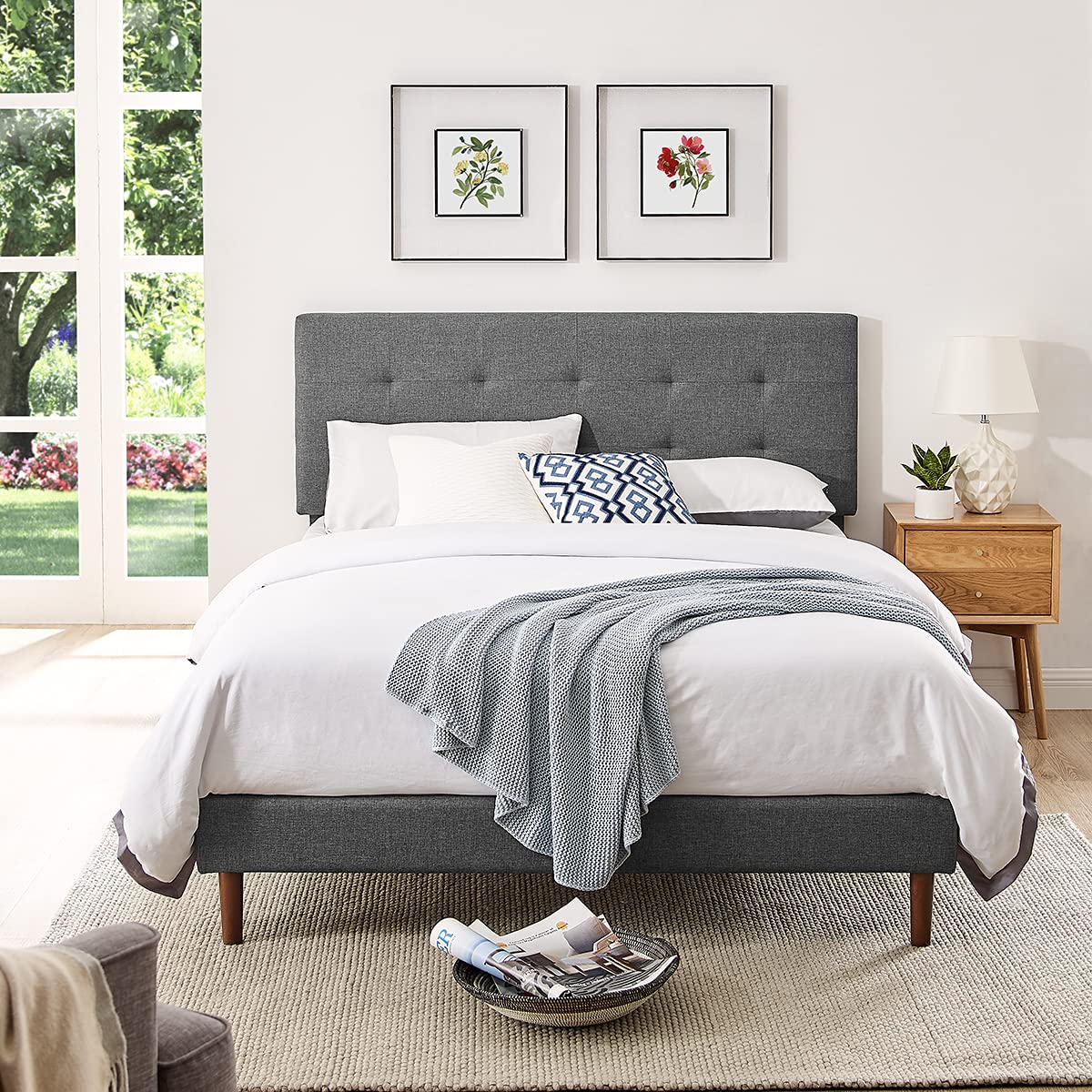 Twin Bed Frame with Adjustable Height Headboard,Tufted Upholstered Platform Bed