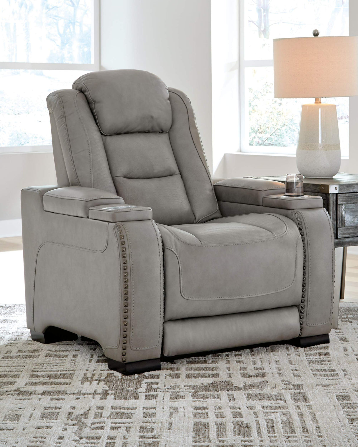 The Man-Den Leather Power Recliner with Adjustable Headrest & Wireless Charging, Gray