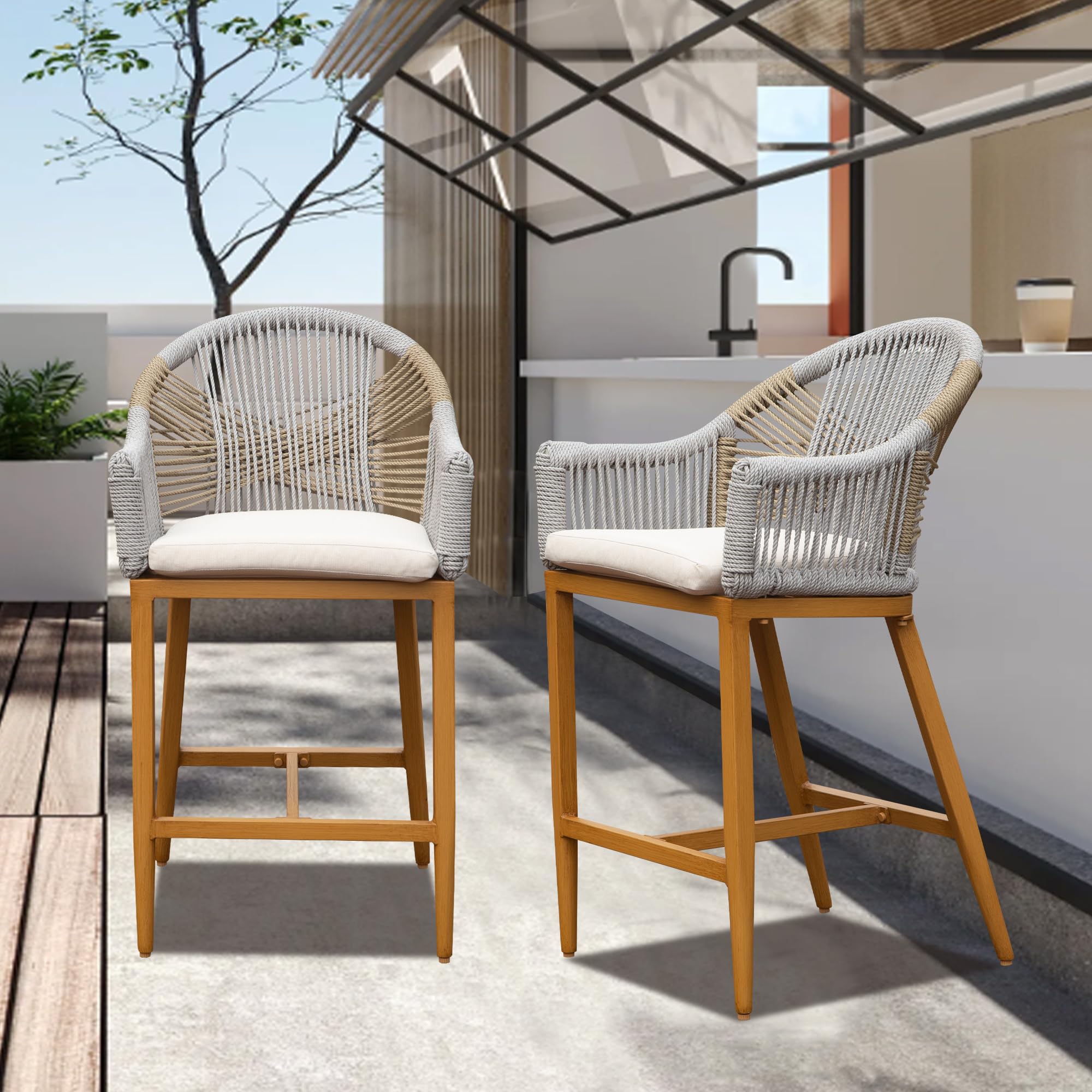 Counter Height Bar Stools Chair Set of 2, Modern Patio Aluminum Bar Stools