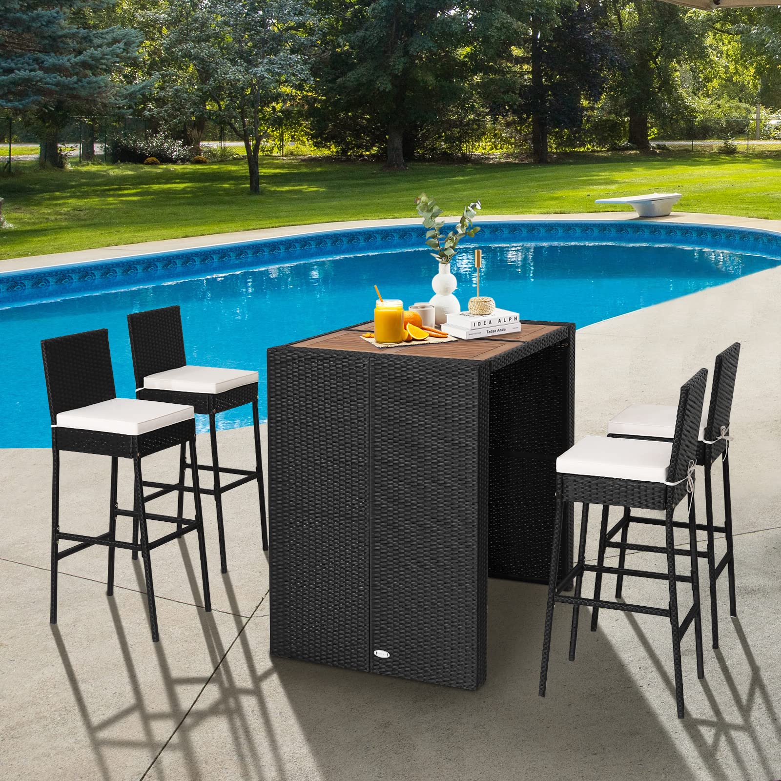 5 Piece Patio Wicker Bar Set, Patiojoy Outdoor Acacia Wood Bar Height Table