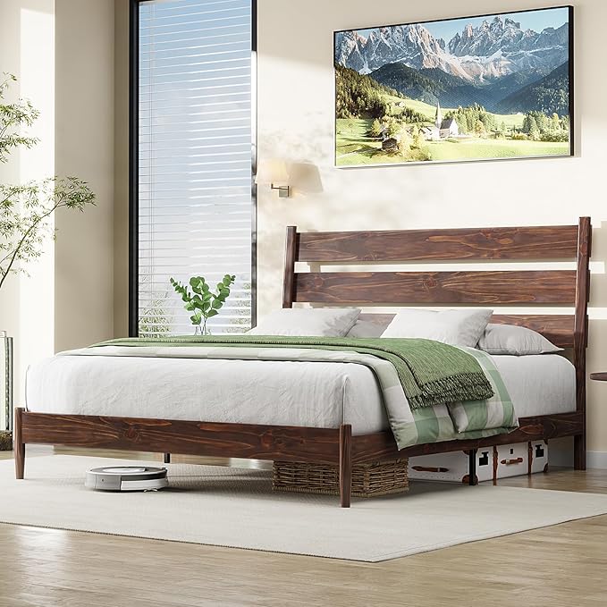 Solid Wood Bed Frame with Ergonomic Headboard, Full Size Mid Century Wooden Platform