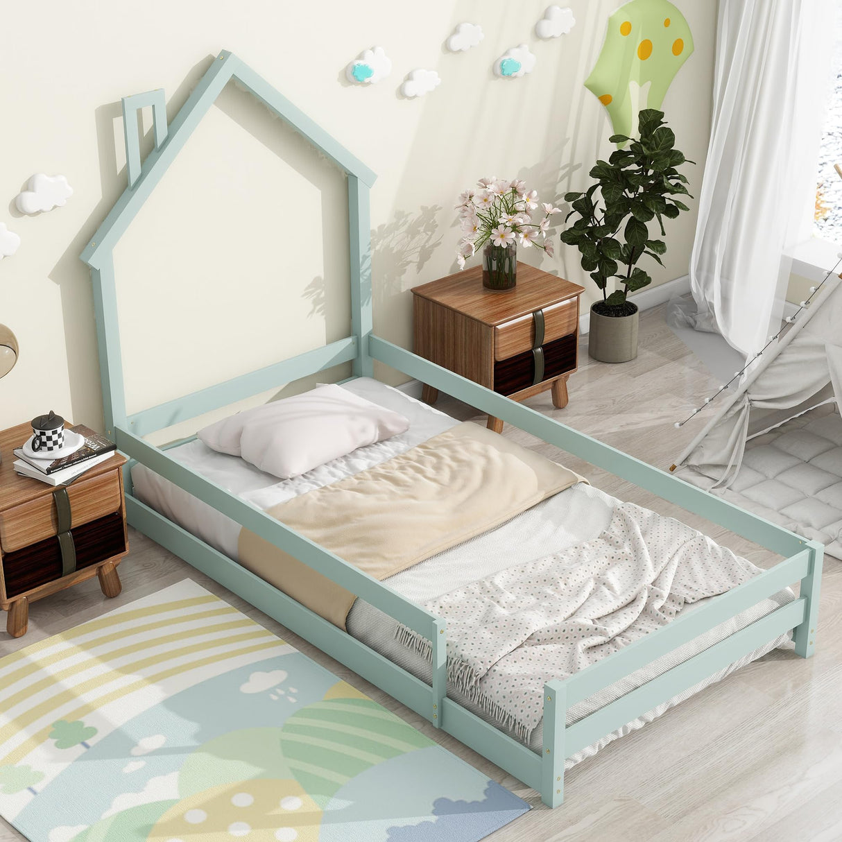 loor Bed with House-Shaped Headboard, Wooden Platform Bed with Full-Length Fences for Kids Boys Girls, Ideal Bed Frame, Easy Assembly, Light Green