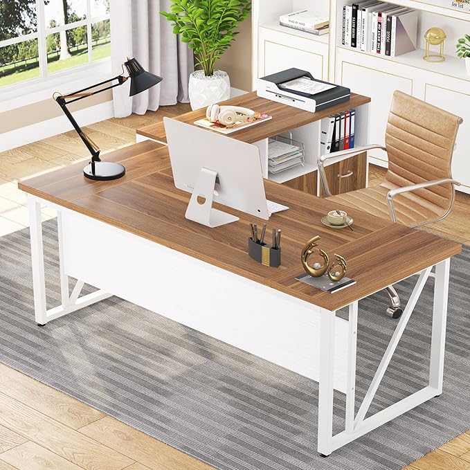 55 inches Executive Desk and 43" lateral File Cabinet, L-Shaped Computer Desk Home Office Furniture with Drawers and Storage Shelves, Office Table with Cabinet (Walnut, 55)