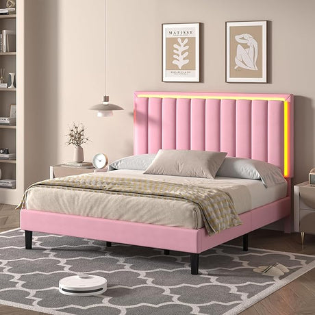 Queen Bed Frame with LED Lights, Upholstered Bed Frame Queen with Headboard