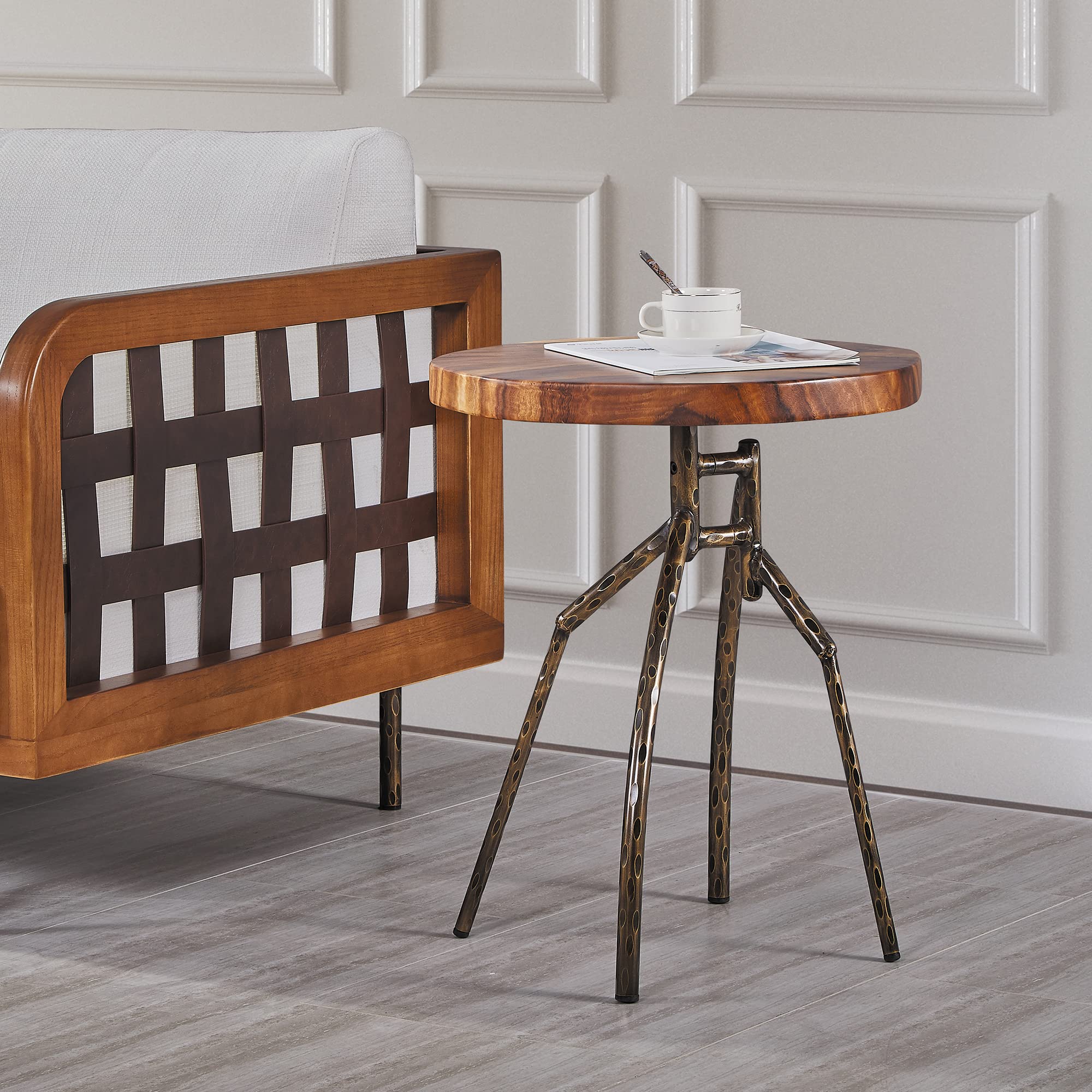 Solid Wood End Table, Round Side Table, Accent Table with Metal Leg, Mini Coffee Table