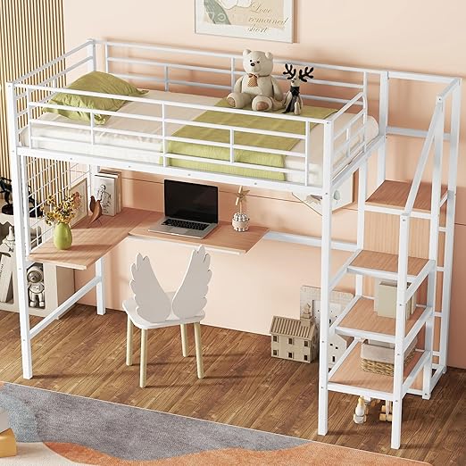 Twin Loft Bed with Stairs, Roof, Window and Full-Length Guardrail, House Loft Bed/Heavy