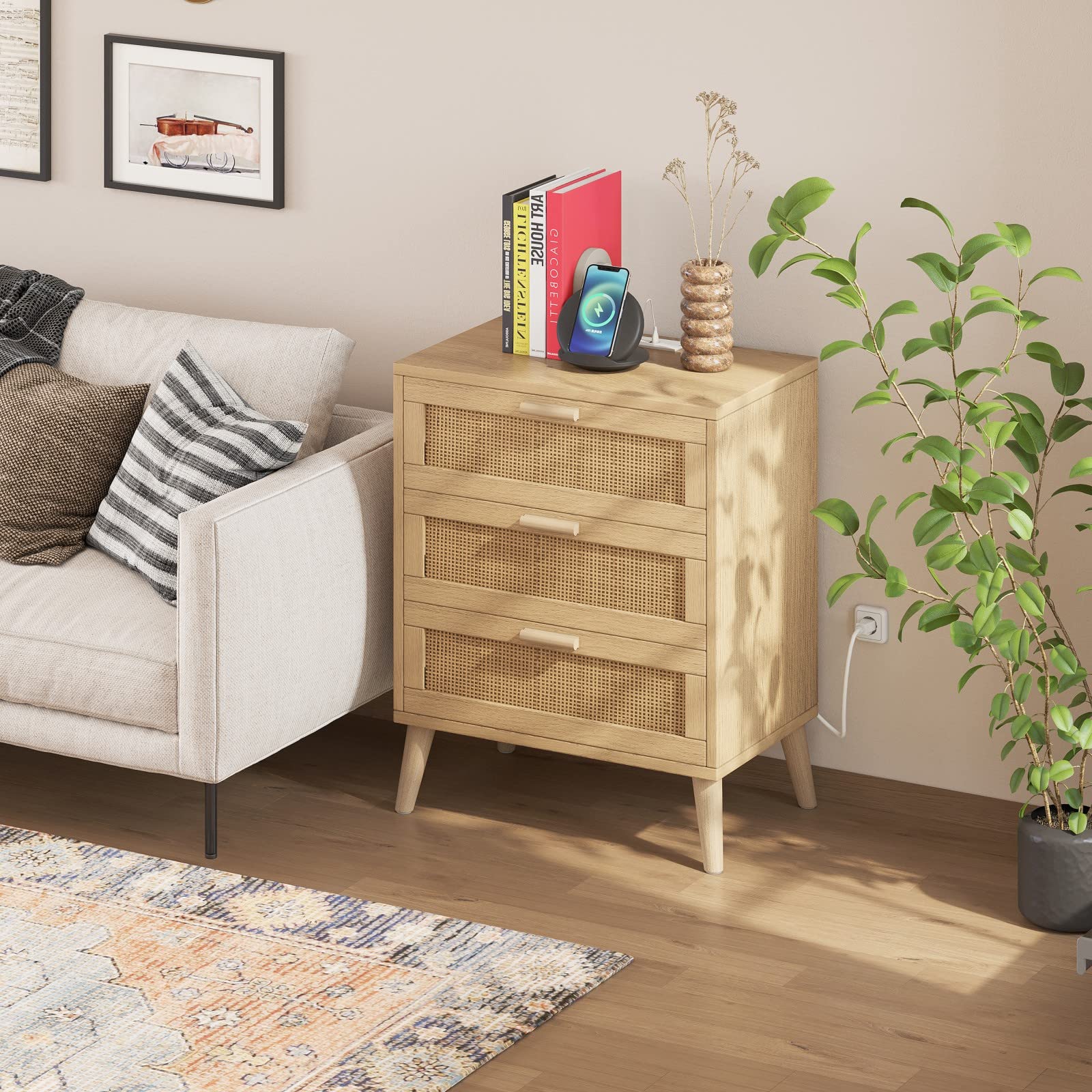 Rattan Nightstand with Charging Station, Night Stand with Rattan Decorated Drawers