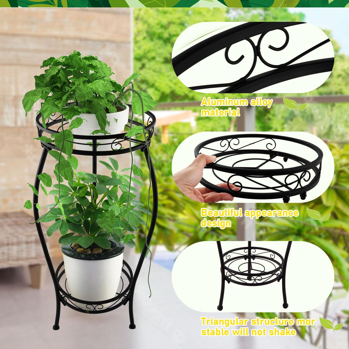 2 Pack Plant Stand Indoor Outdoor, 2 Tier Tall Black Metal Rustproof Stable